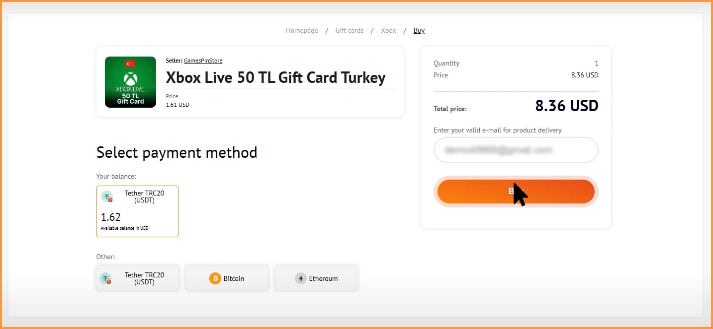 Xbox gift card product page